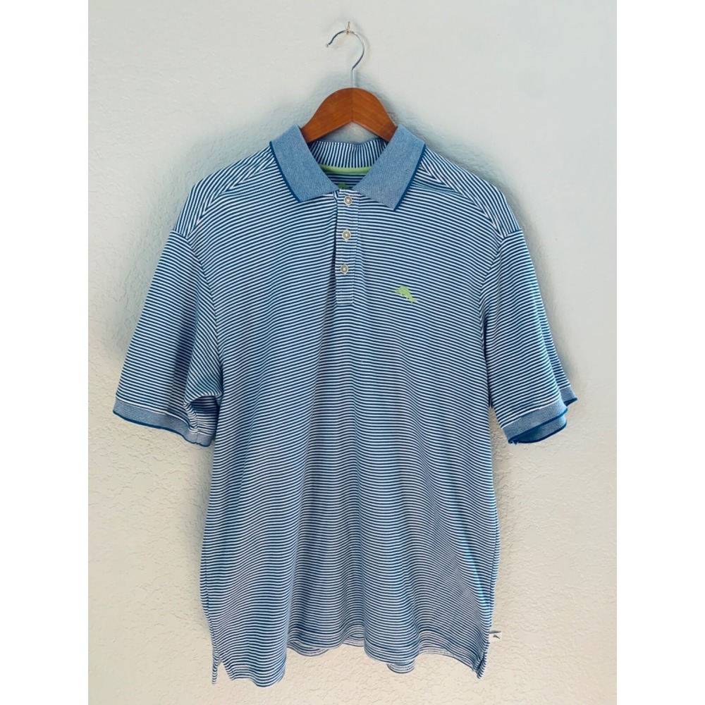 Tommy Bahama Knit Polo Shirt Mens L Blue Stripe Soft Supima Cotton Short Sleeve